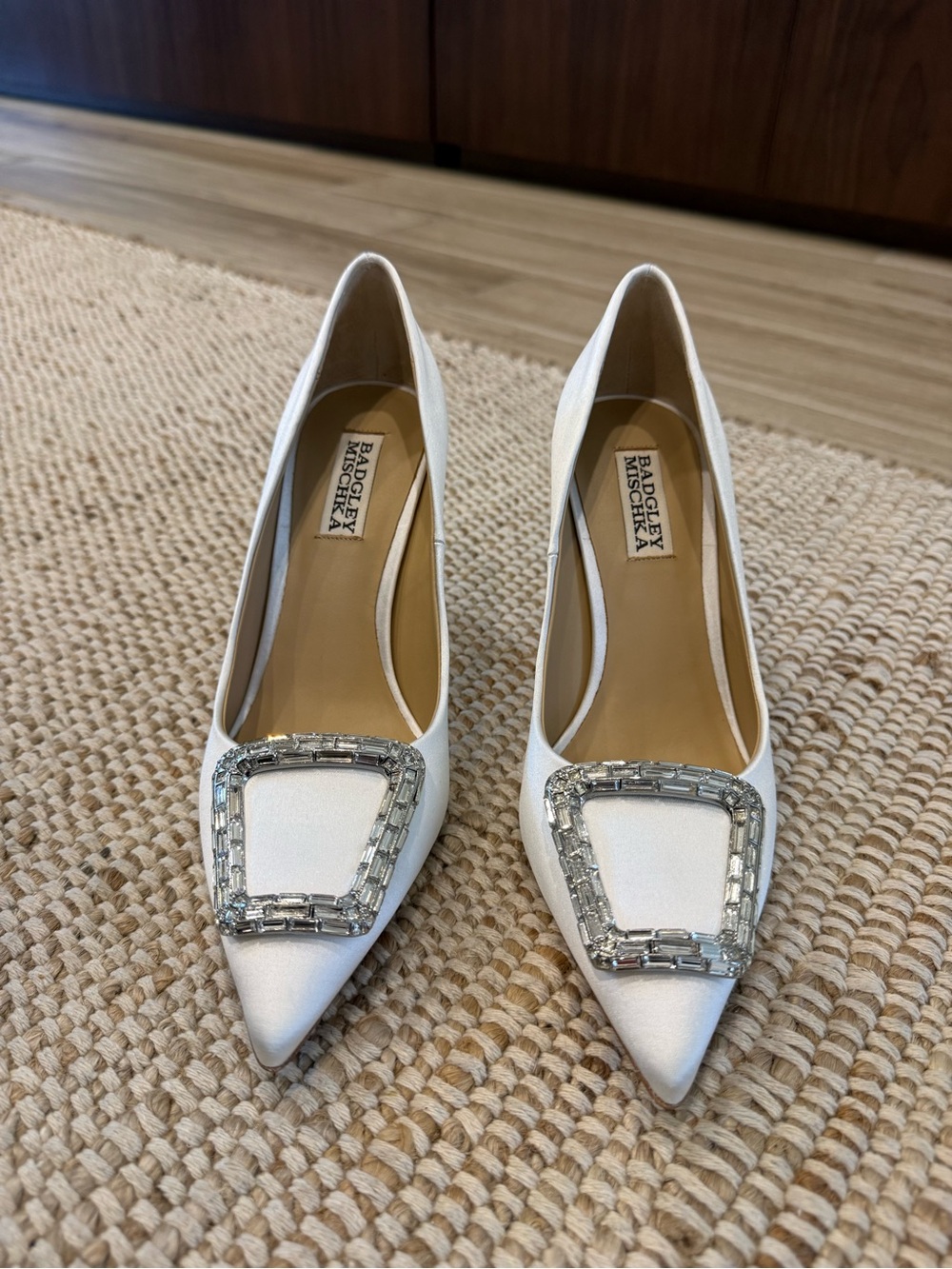 Badgley Mischka White Satin Pointed Toe Pumps with Crystal Buckle